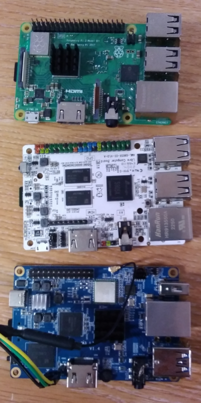 From top to bottom a Raspberry Pi, ‘Le potato’ and Orange Pi